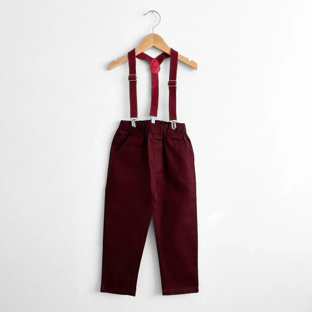 NWT Handsome Boys Dress Shirt, Bow Tie, Pants & Suspenders Set Burgundy 18-24M - Picture 4 of 5